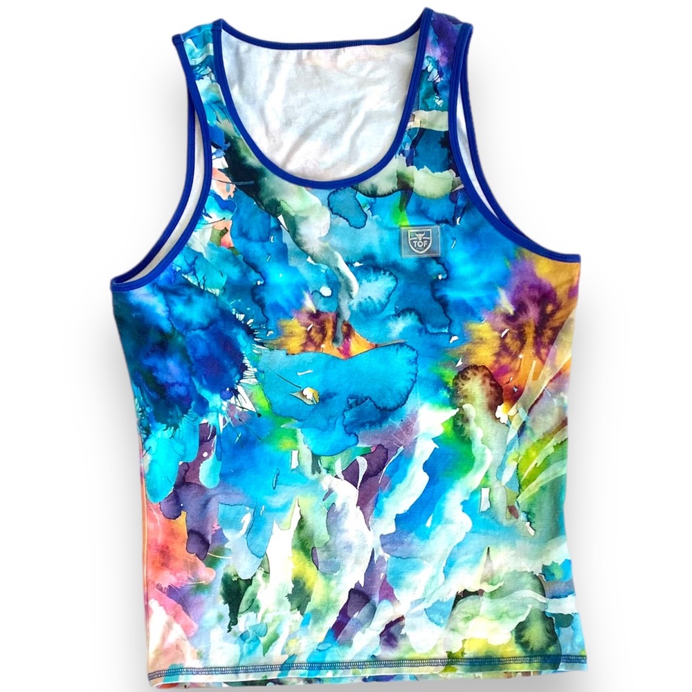 TOF PARIS Tye Dye Cotton Tank Top Blue Multicolour Muscle Shirt Sleeveless Sz XL